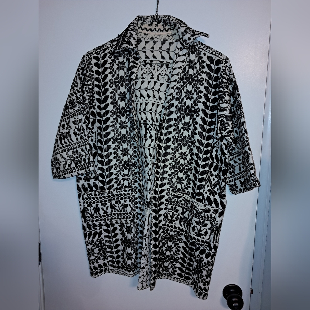 Vintage black and white boho open front jacket, handmade